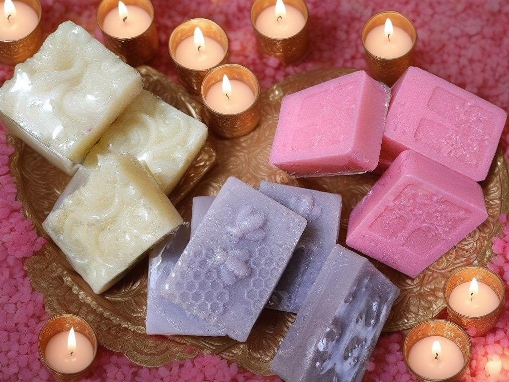Assorted ivory, pink and lavender bathing bars with tealights
