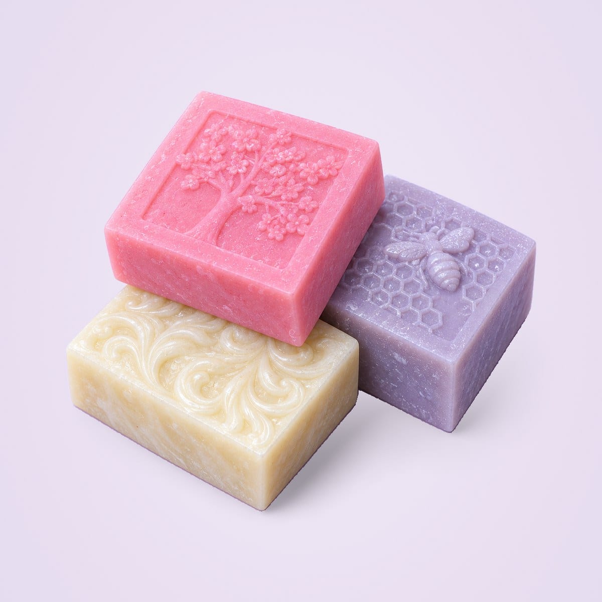 Three bathing bars in ivory, pink and lavender