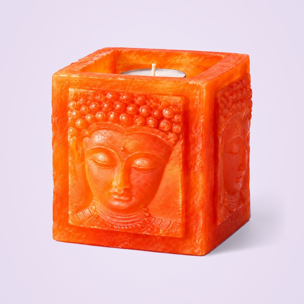 Orange Buddha hurricane tealight holder with one tealight
