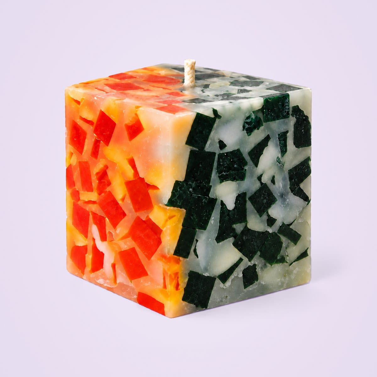 Chiseled duo cube candle in orange, yellow and dark green