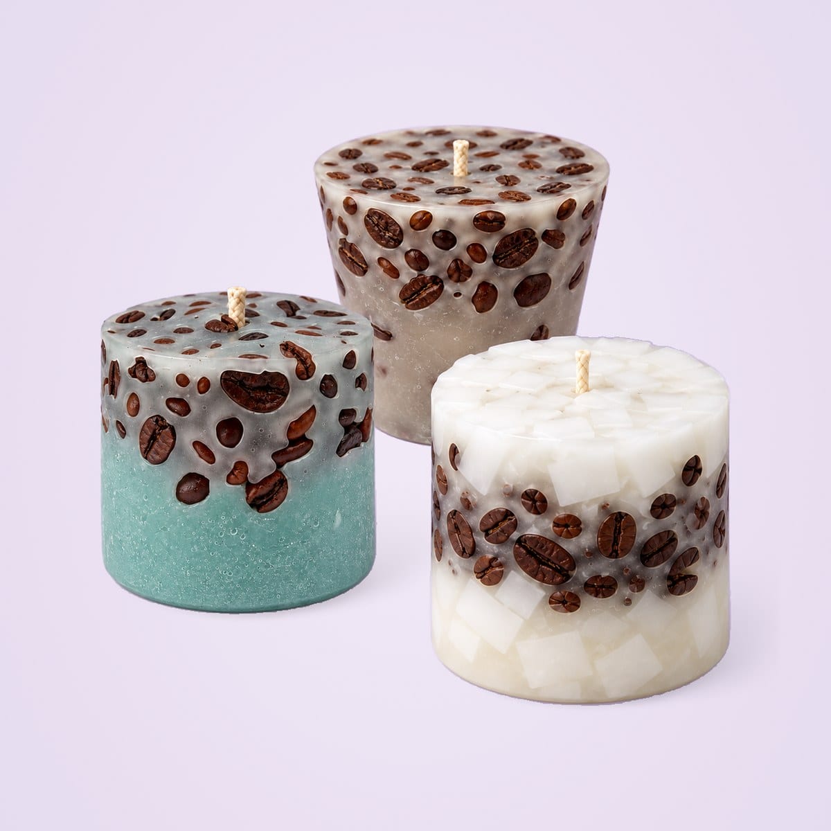 Coffee bean cups in three styles: light green and grey, off-white, and white chunk wax