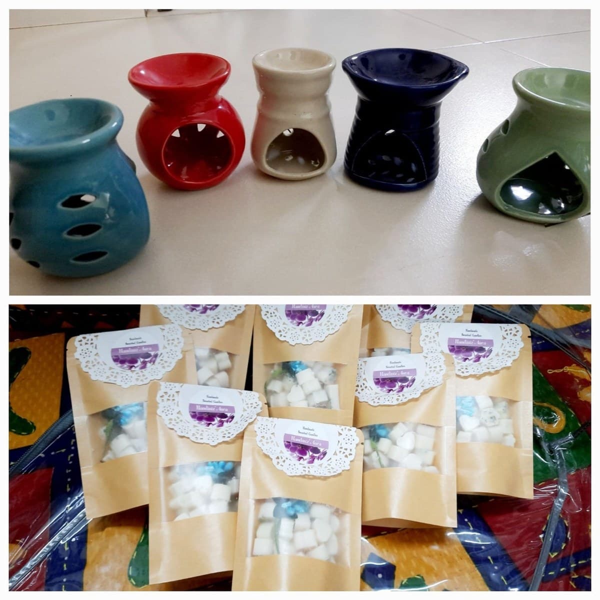 Ceramic diffusers in assorted colours and wax melt pouches