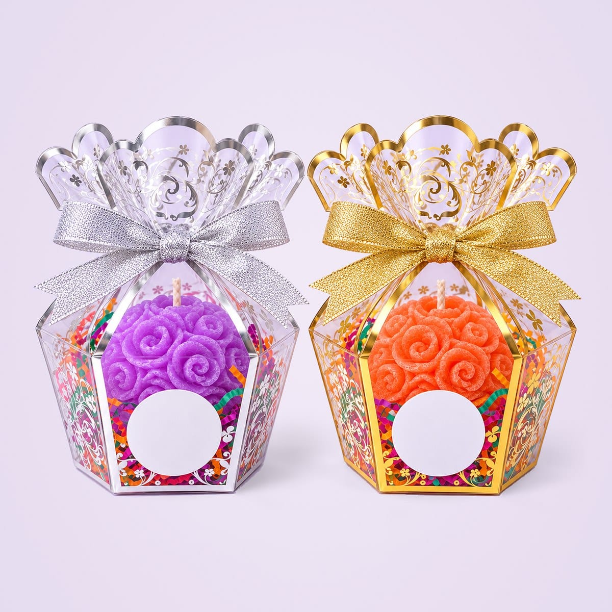 Purple rose ball in a silver-trimmed clear gift box and orange rose ball in a gold-trimmed box