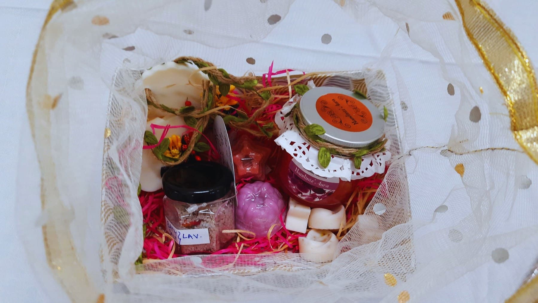 Gift hamper with candle jar, tealights and soaps