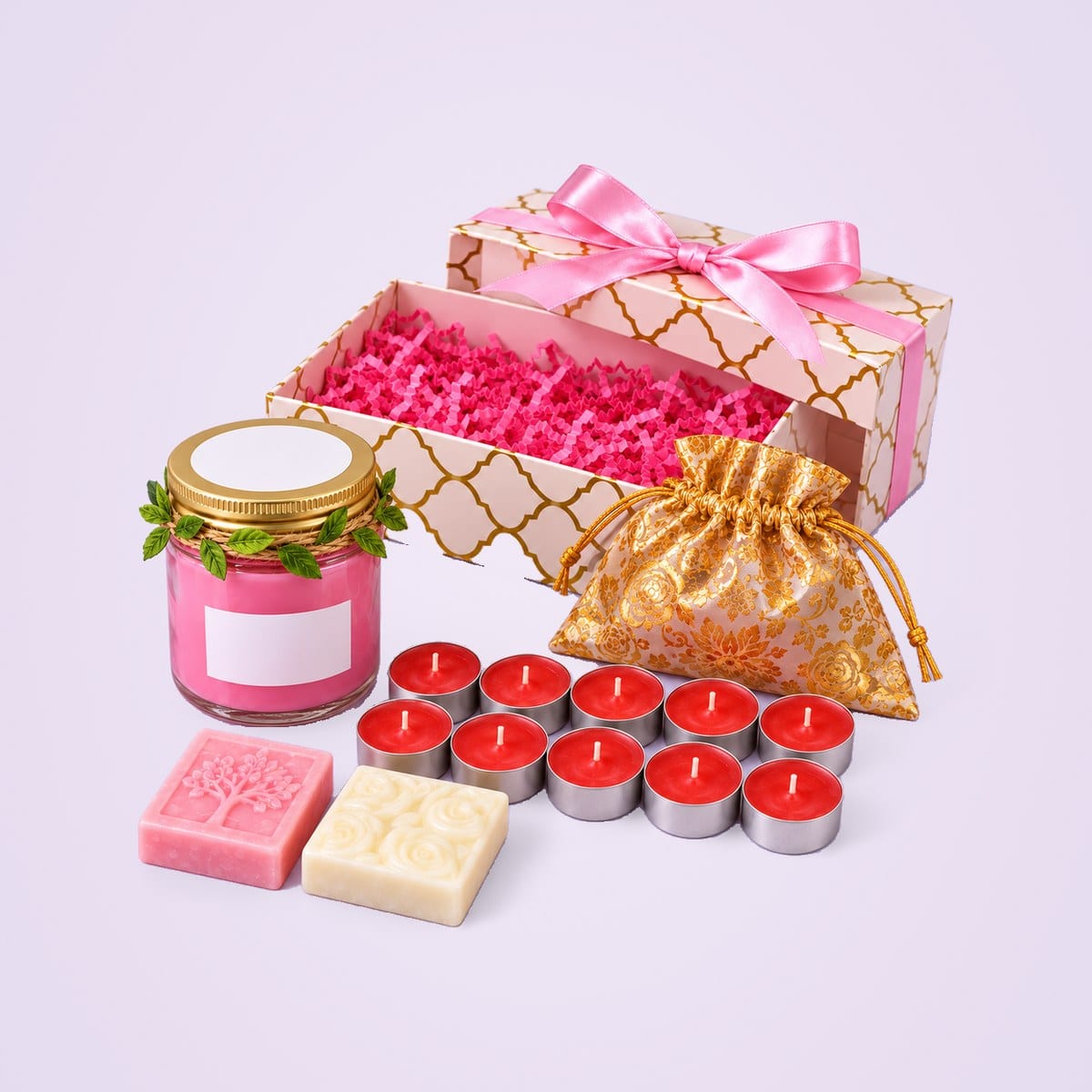 Gift Hamper 1 contents: a candle jar, ten tealights in a pouch and two soaps