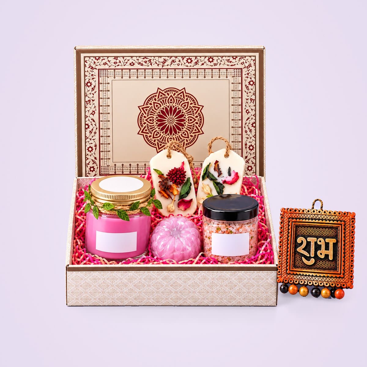 Gift hamper in a mandala box with a Shubh wall hanging