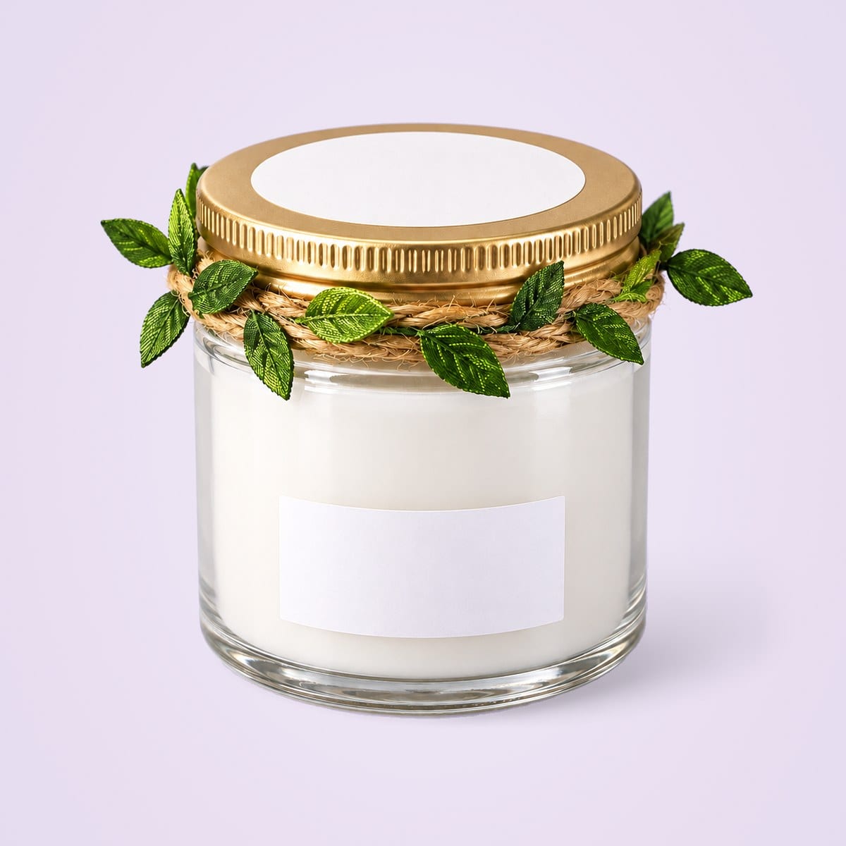 White soy wax glass jar candle with a gold lid and leaf trim