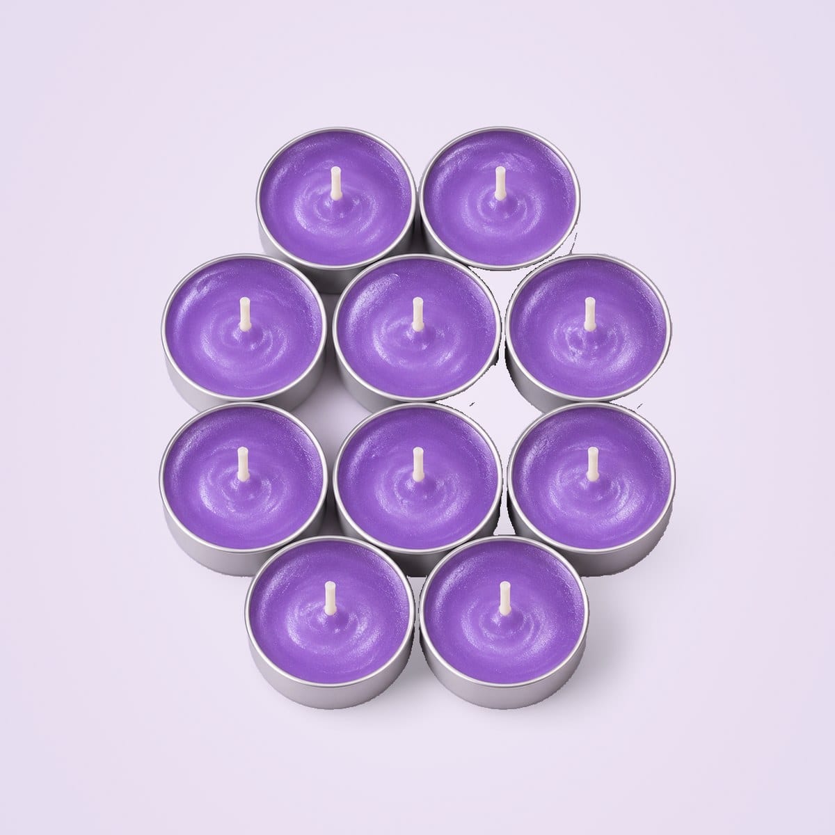 Ten lavender tealights from above