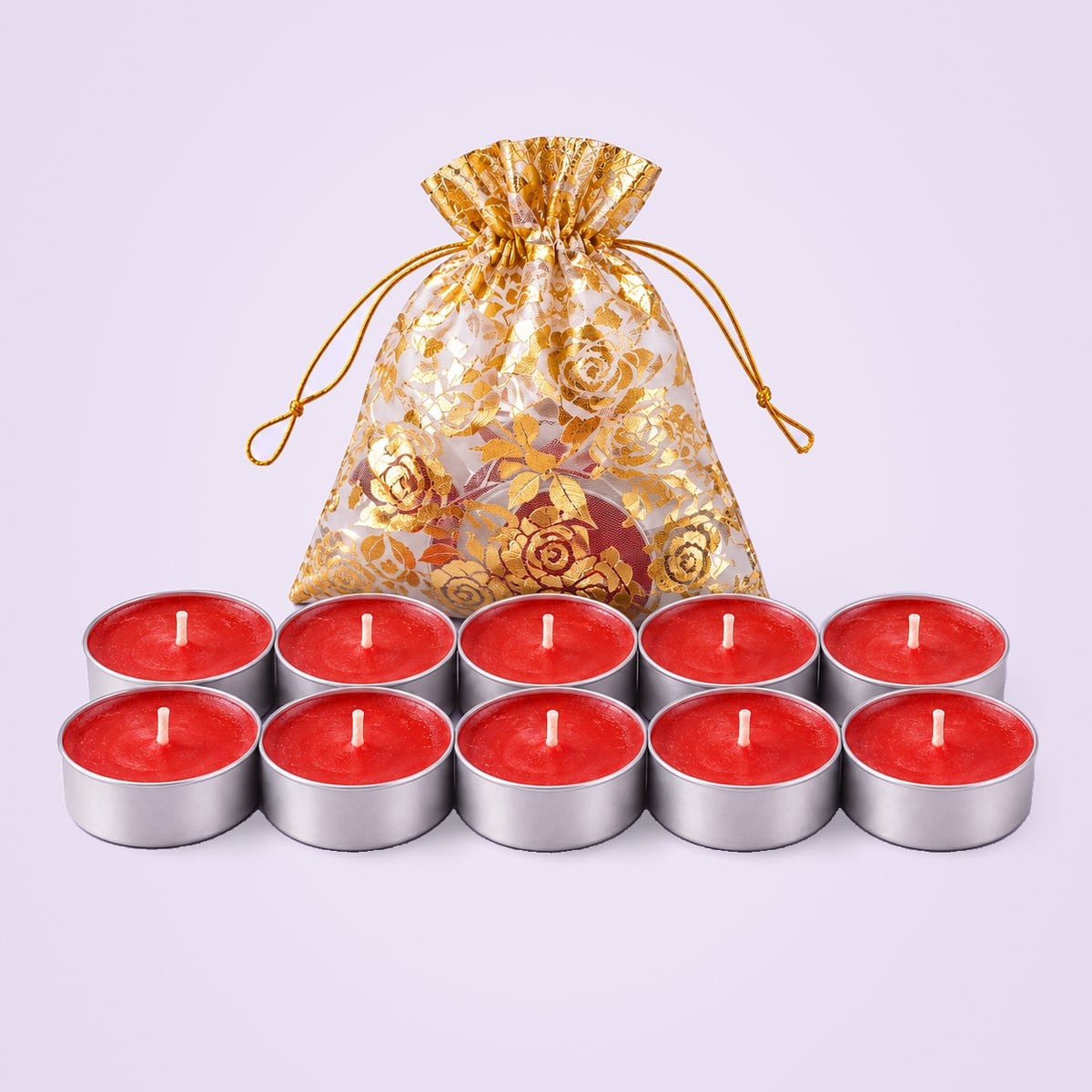 Ten red tealights with a gold floral gift pouch