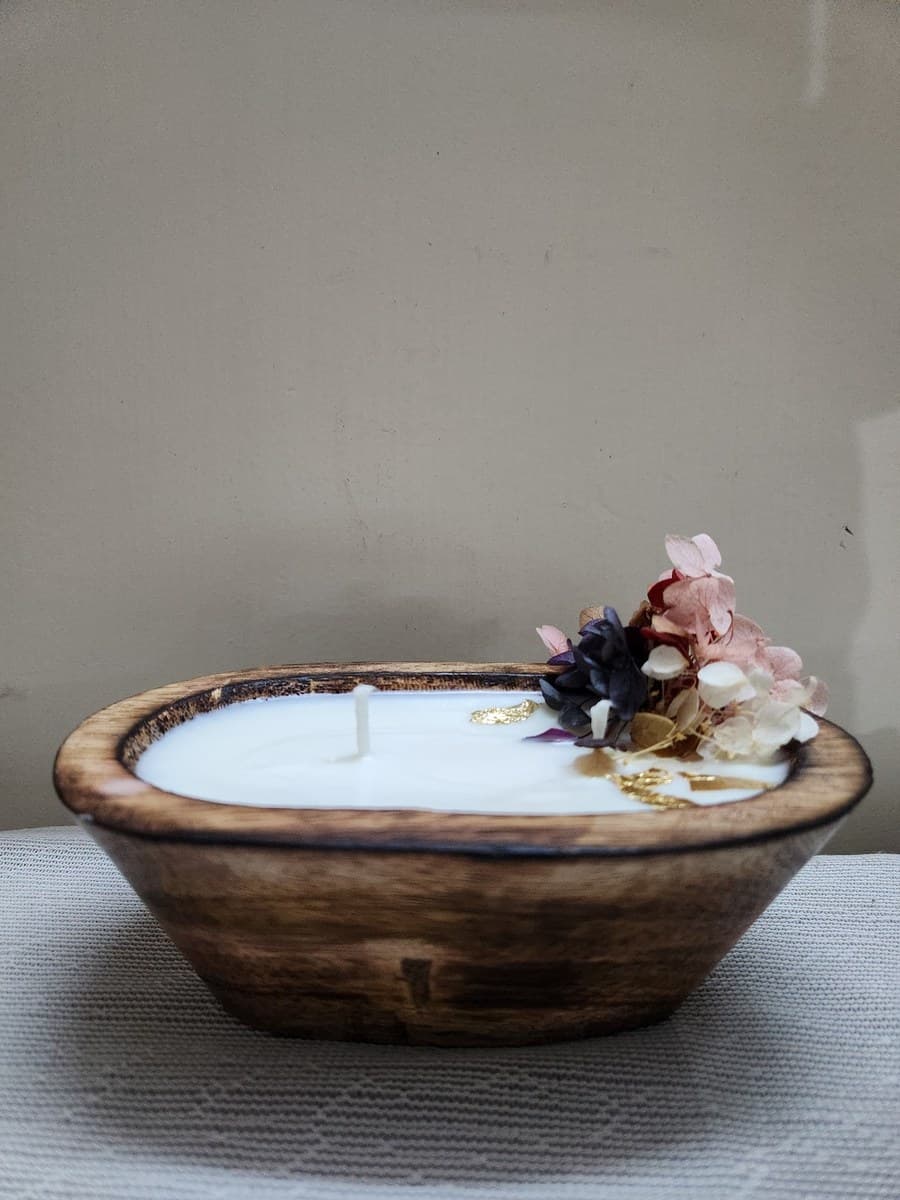 Wooden dough tub soy wax candle decorated with dried flowers